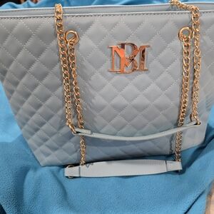 Badgley Mischka Light Blue Quilted Tote with Gold Chain